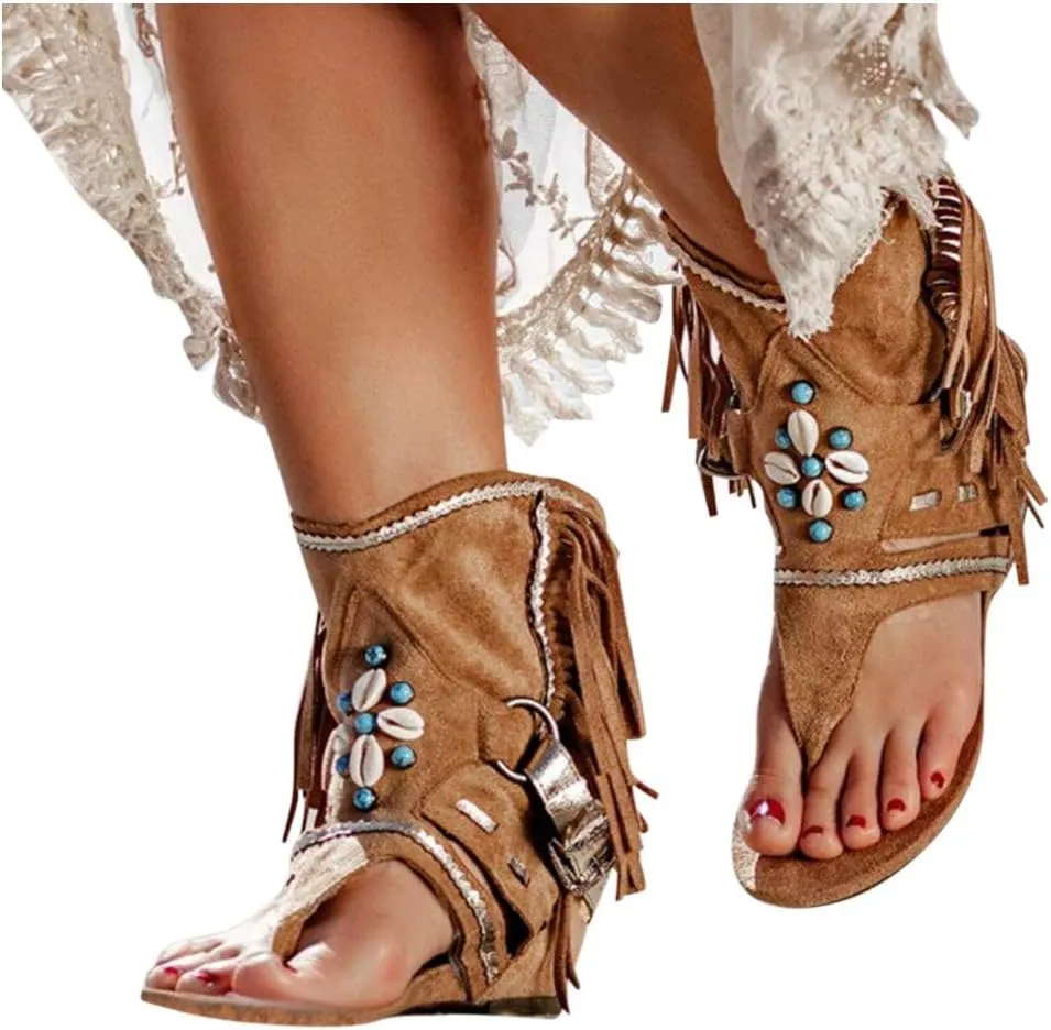 Women Retro Bohemian Tassel Sandals Fashion Thong Roman Beach Shoes Boots Summer Casual Trendy Flat Sandals