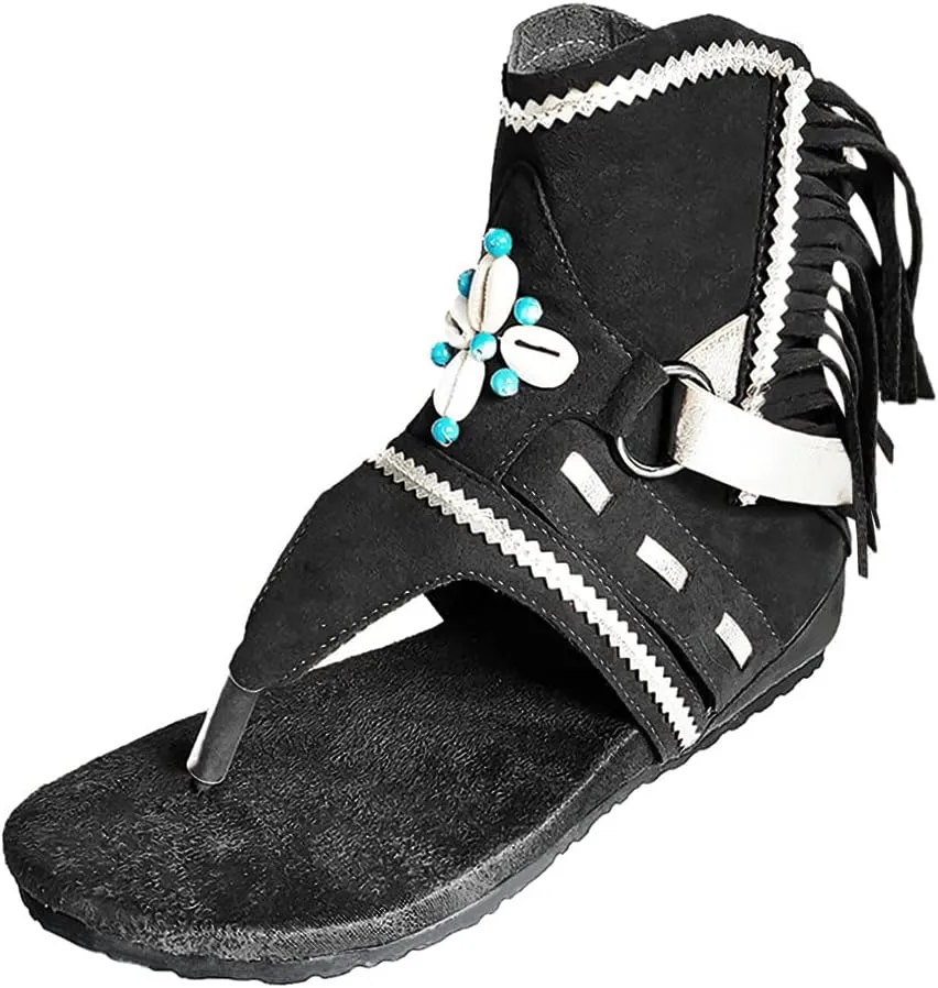 Women Retro Bohemian Tassel Sandals Fashion Thong Roman Beach Shoes Boots Summer Casual Trendy Flat Sandals