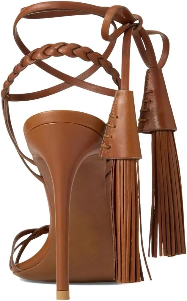 Women Sexy Open Round Toe Lace up Tassels Strappy Sandals Tie up Ankle Wrap Stiletto High Heels Graceful Wedding Evening Event Dressy Shoes Size 4-16 US