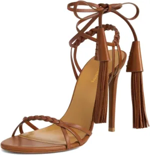 Women Sexy Open Round Toe Lace up Tassels Strappy Sandals Tie up Ankle Wrap Stiletto High Heels Graceful Wedding Evening Event Dressy Shoes Size 4-16 US