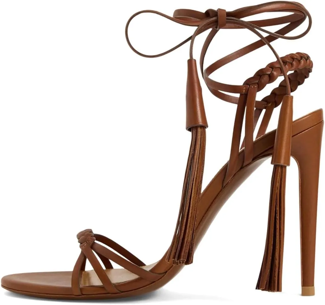 Women Sexy Open Round Toe Lace up Tassels Strappy Sandals Tie up Ankle Wrap Stiletto High Heels Graceful Wedding Evening Event Dressy Shoes Size 4-16 US