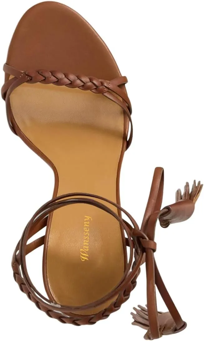 Women Sexy Open Round Toe Lace up Tassels Strappy Sandals Tie up Ankle Wrap Stiletto High Heels Graceful Wedding Evening Event Dressy Shoes Size 4-16 US