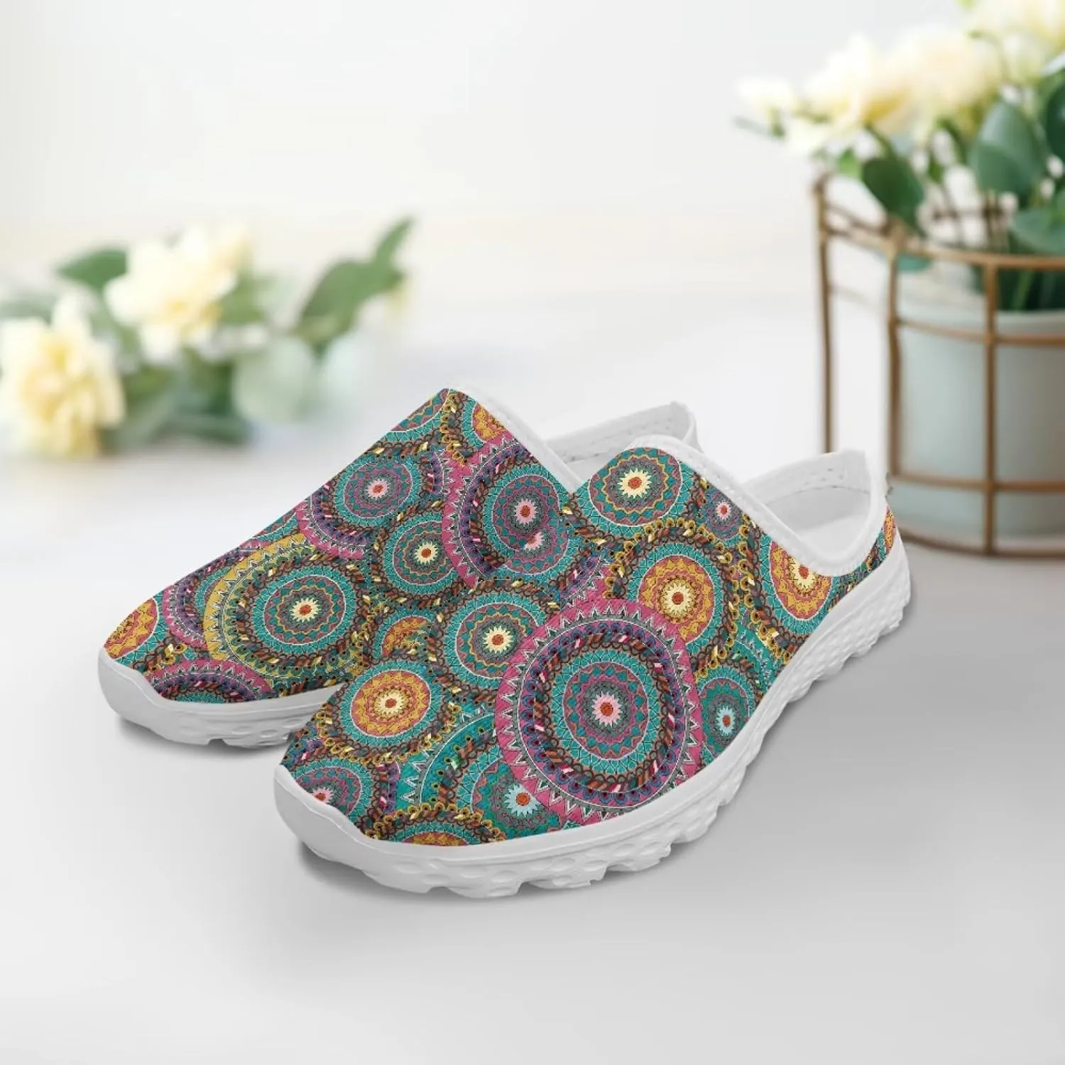 Women Slip On Shoes Art Mandala Mesh Soft Loafers Wide Comfort Leisure Arch Support Sneakers for Daily Wear