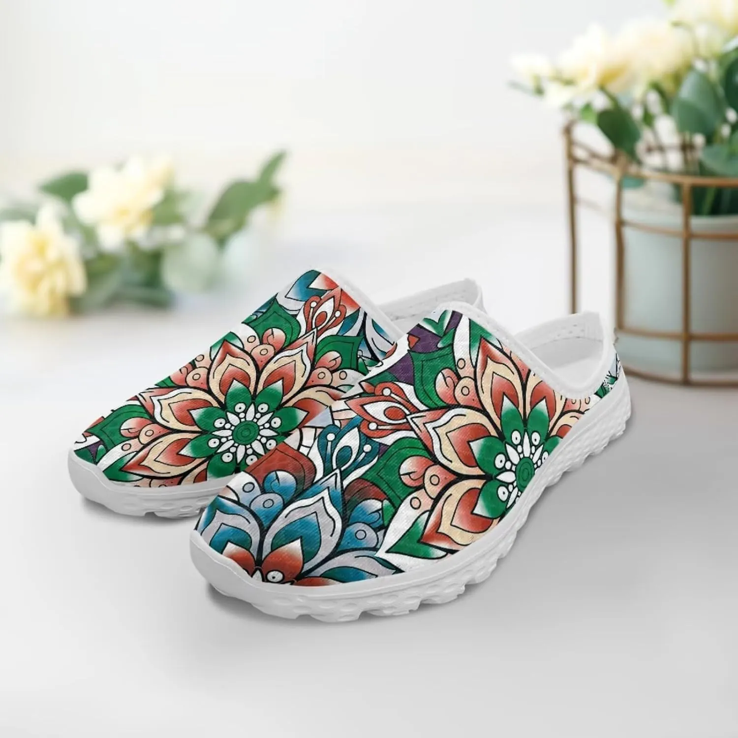 Women Slip On Shoes Art Mandala Mesh Soft Loafers Wide Comfort Leisure Arch Support Sneakers for Daily Wear