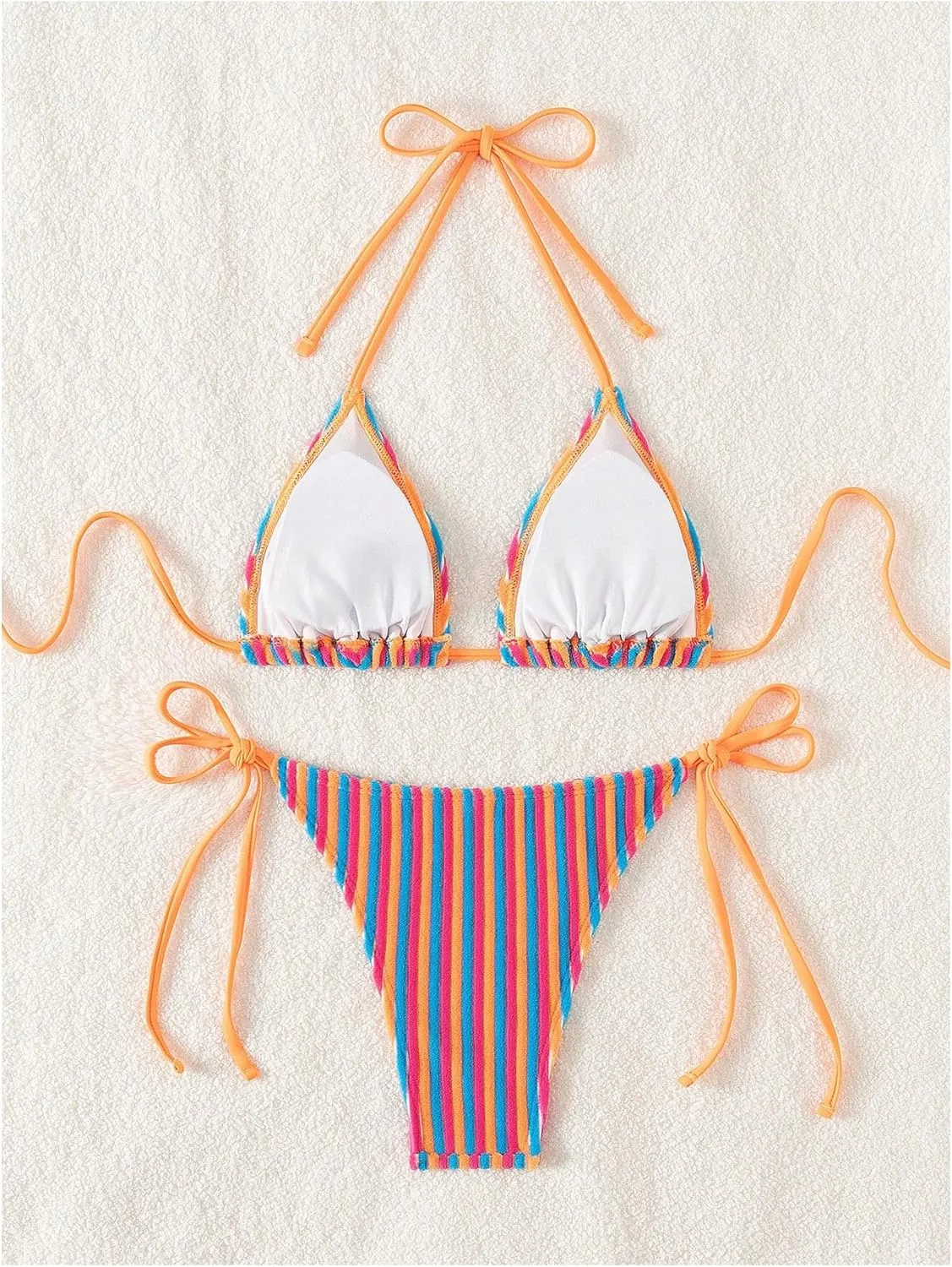 Women's 2 Piece Bikini Sets Halter Tie Side Triangle Swimsuit Striped Bathing Suit