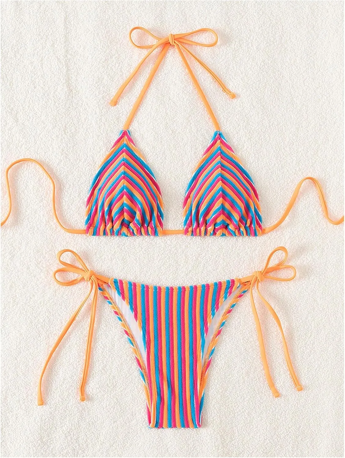 Women's 2 Piece Bikini Sets Halter Tie Side Triangle Swimsuit Striped Bathing Suit