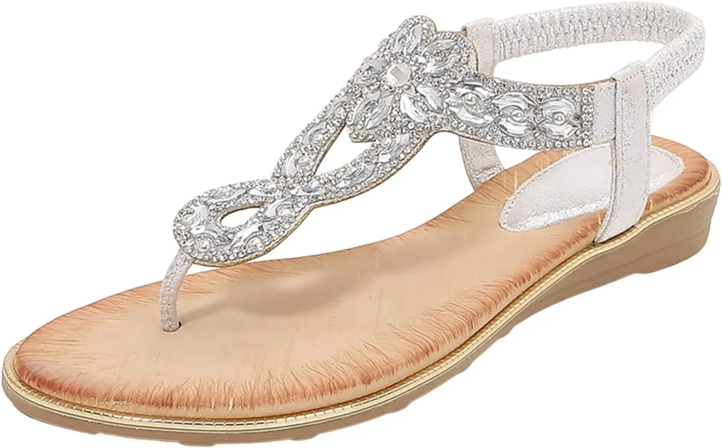 Womens Bohemian Summer Sandals,Casual Beaded Jeweled Sandal,Rhinestone Flower Elastic Ankle Strap Flat Sandals for Beach Pool