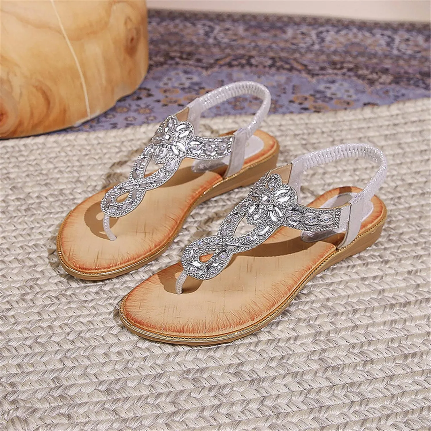 Womens Bohemian Summer Sandals,Casual Beaded Jeweled Sandal,Rhinestone Flower Elastic Ankle Strap Flat Sandals for Beach Pool