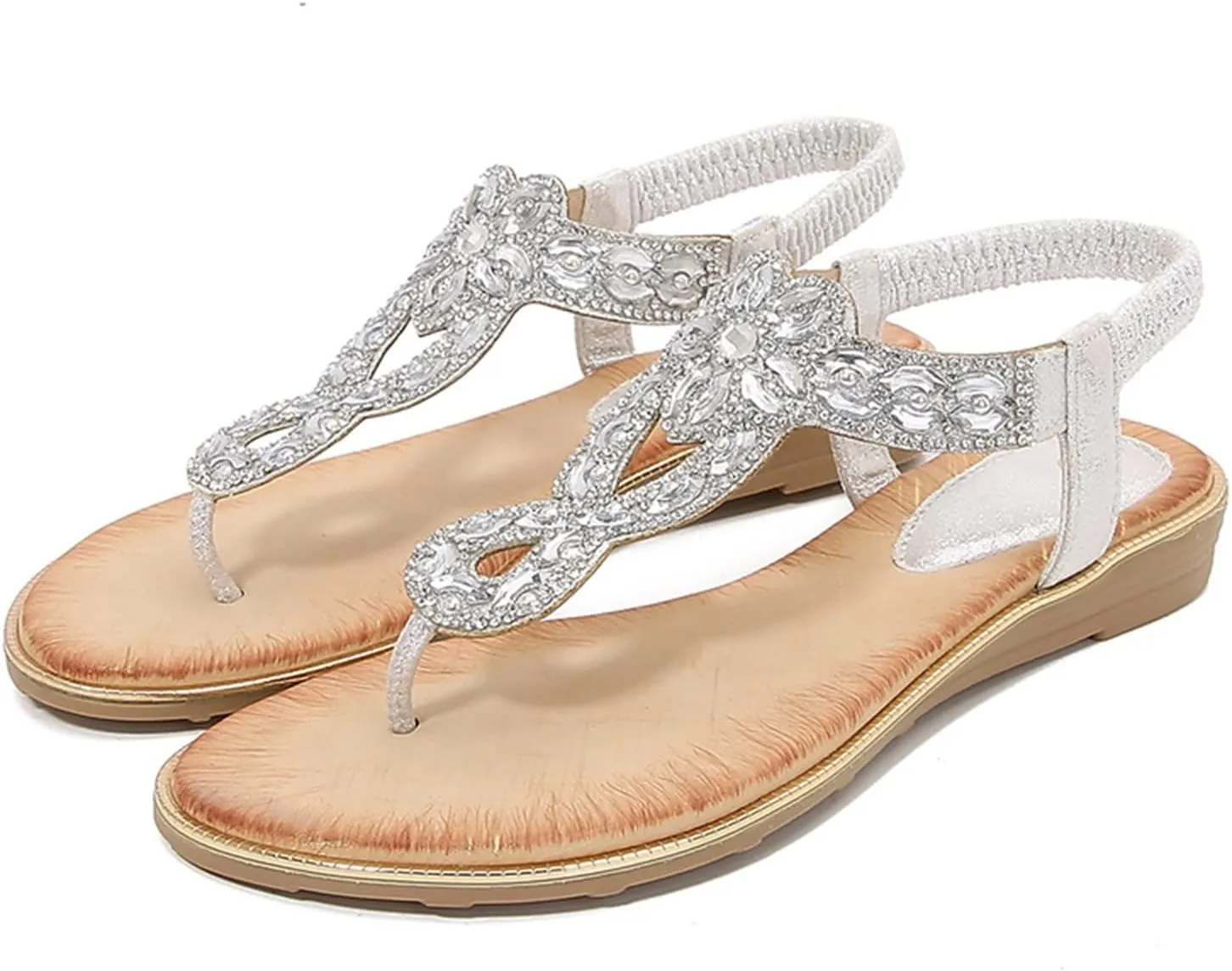 Womens Bohemian Summer Sandals,Casual Beaded Jeweled Sandal,Rhinestone Flower Elastic Ankle Strap Flat Sandals for Beach Pool
