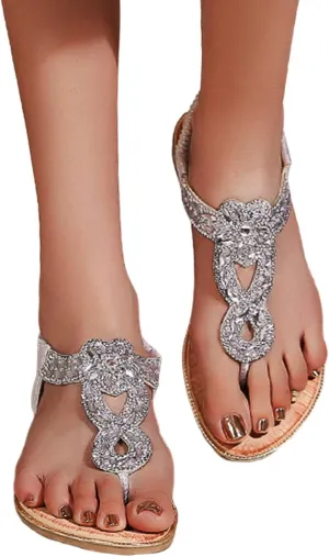 Womens Bohemian Summer Sandals,Casual Beaded Jeweled Sandal,Rhinestone Flower Elastic Ankle Strap Flat Sandals for Beach Pool