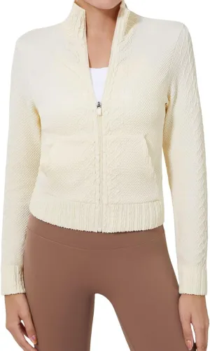 Women's Cardigan Jackets Cropped Lightweight Fall Open Front, Long Sleeve Knit Zip Up Sportswear Slim Fit Workout Tops