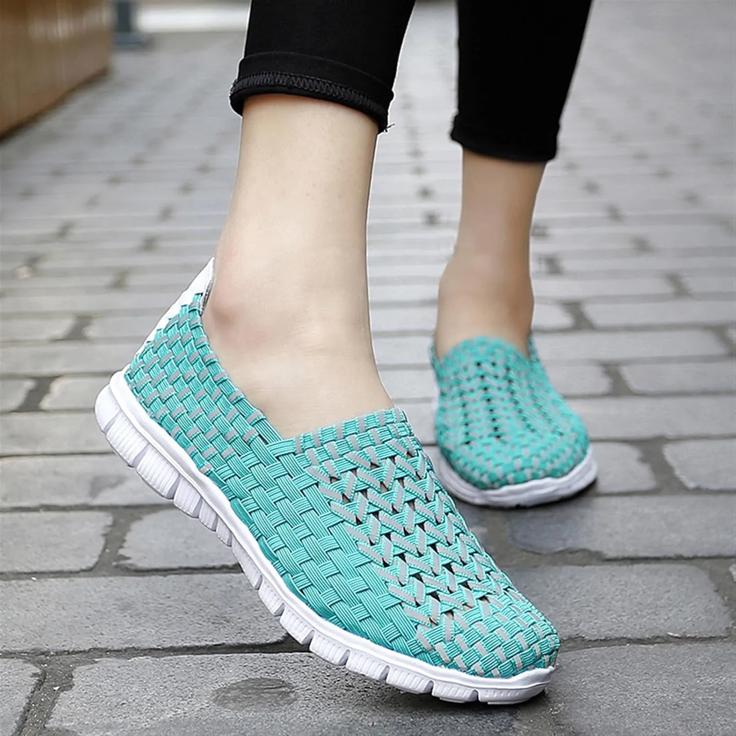 Women's Elastic Woven Walking Shoes Running Shoes Lightweight Breathable Gym Workout Shoes Flats Non Slip Sneakers
