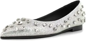 Women's Elegant Flat Pumps Rhinestone Shinly Pointed Toe Slip On Retro Shoes