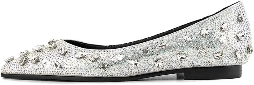 Women's Elegant Flat Pumps Rhinestone Shinly Pointed Toe Slip On Retro Shoes