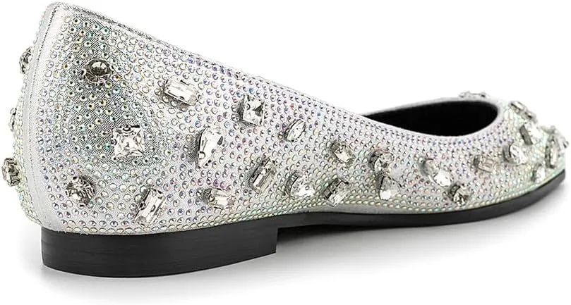 Women's Elegant Flat Pumps Rhinestone Shinly Pointed Toe Slip On Retro Shoes