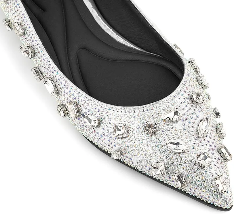 Women's Elegant Flat Pumps Rhinestone Shinly Pointed Toe Slip On Retro Shoes
