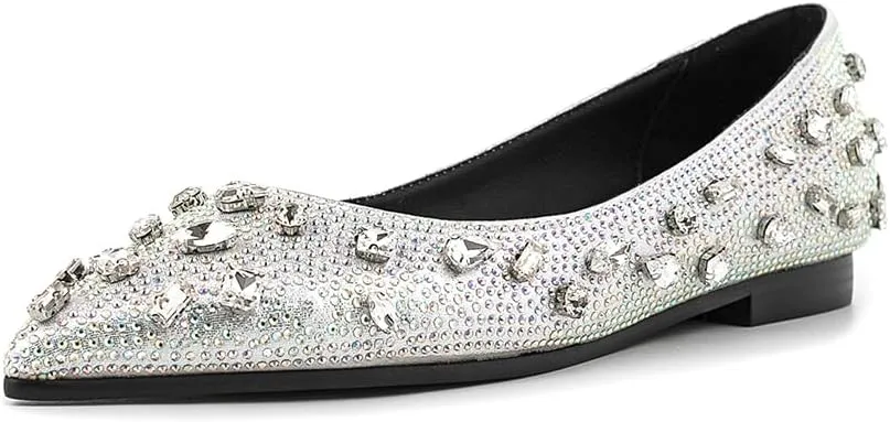 Women's Elegant Flat Pumps Rhinestone Shinly Pointed Toe Slip On Retro Shoes