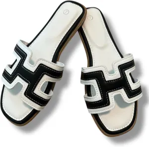 Women's H-Style Slide Sandals, Contrast Stitching, Multiple Colors, Flat Casual Slip-On.