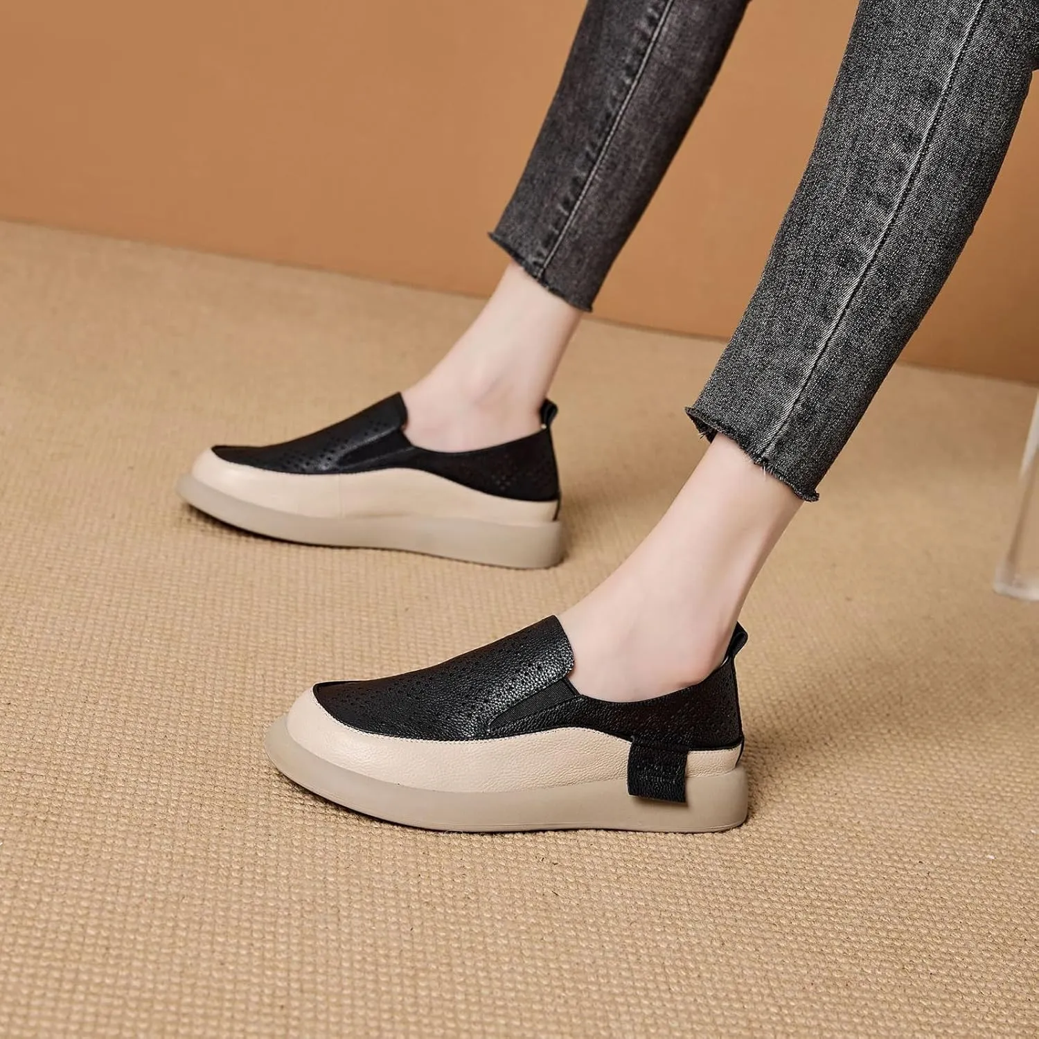Women's Hollow Platform Wedge Leather Loafers,Summer Comfortable Slip On Breathable Orthopedic Sneakers Fashion Walking Penny Shoes