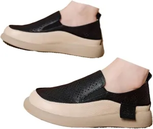 Women's Hollow Platform Wedge Leather Loafers,Summer Comfortable Slip On Breathable Orthopedic Sneakers Fashion Walking Penny Shoes