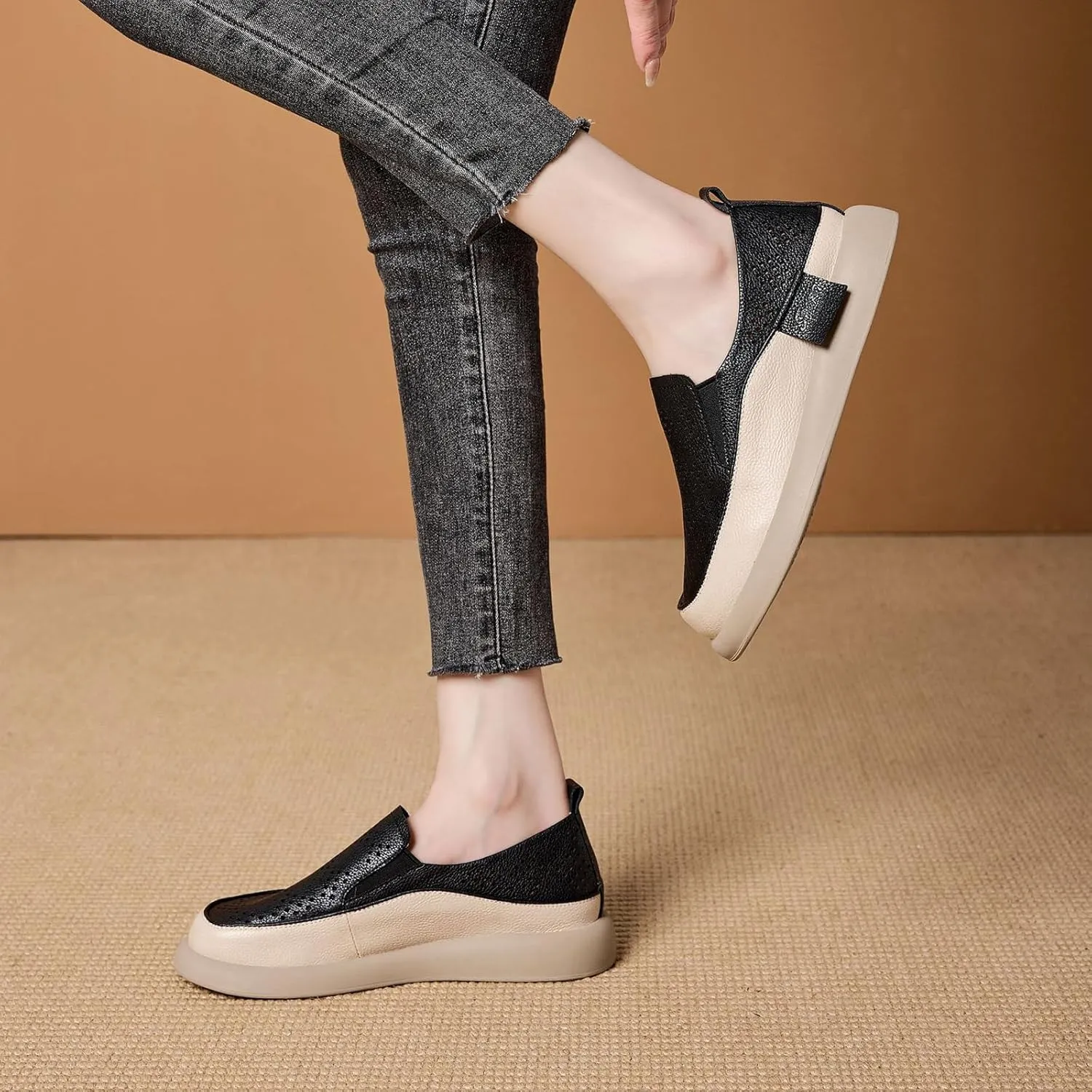 Women's Hollow Platform Wedge Leather Loafers,Summer Comfortable Slip On Breathable Orthopedic Sneakers Fashion Walking Penny Shoes