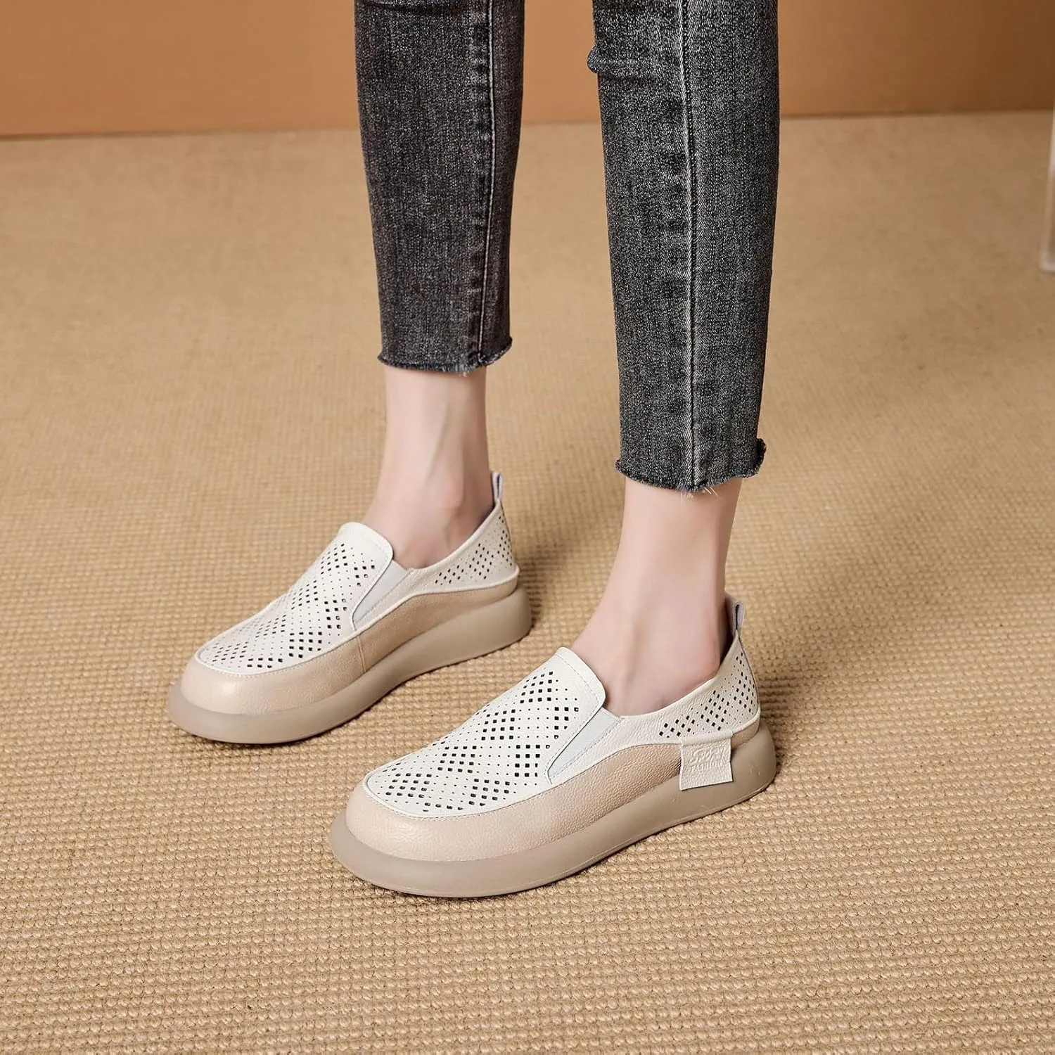 Women's Hollow Platform Wedge Leather Loafers,Summer Comfortable Slip On Breathable Orthopedic Sneakers Fashion Walking Penny Shoes