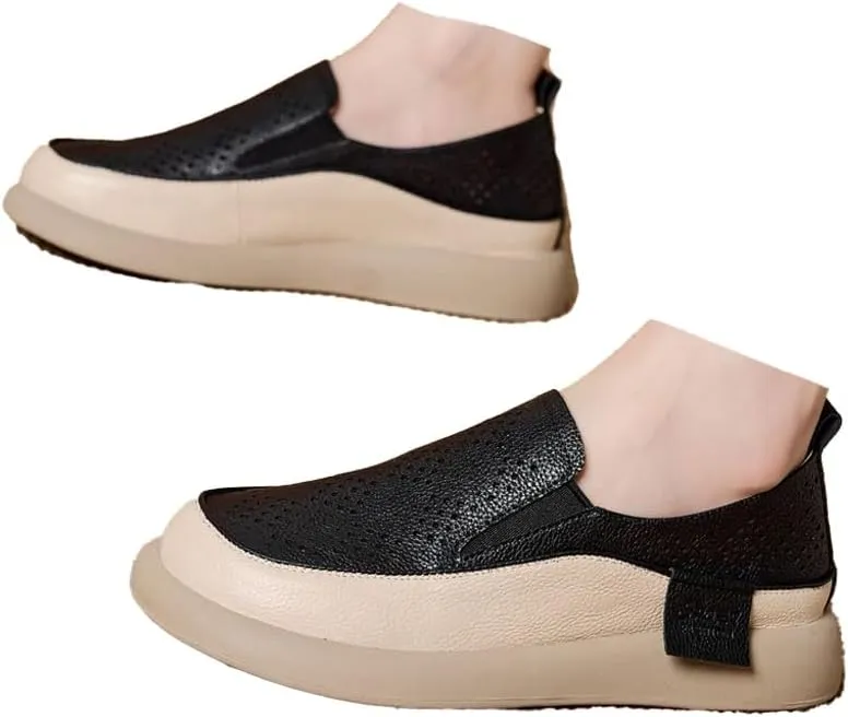 Women's Hollow Platform Wedge Leather Loafers,Summer Comfortable Slip On Breathable Orthopedic Sneakers Fashion Walking Penny Shoes