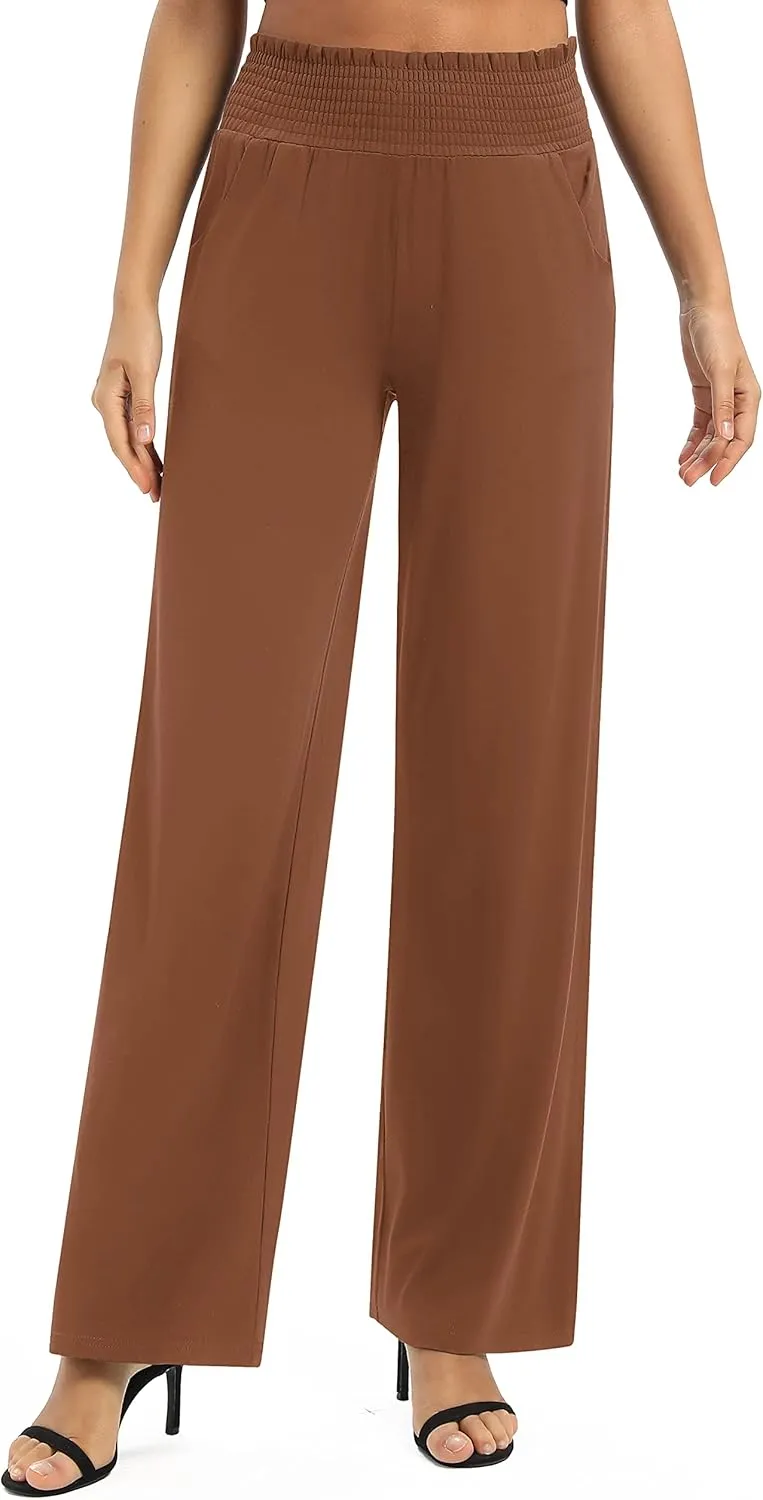Women's Loose Straight Leg Palazzo Pants High Elastic Waist Causal Trousers with Pockets