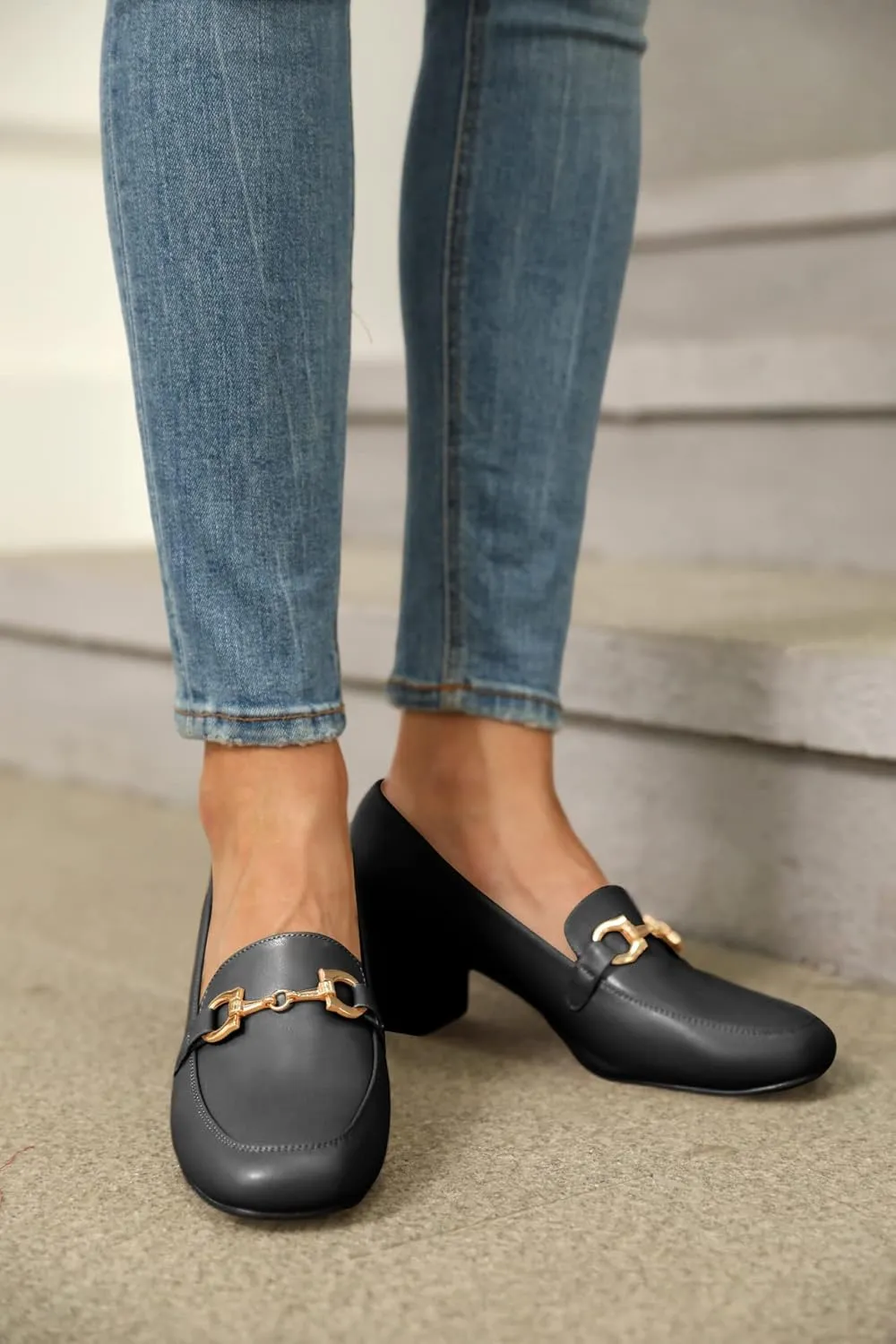 Women's Low Block Heel Pumps Slip On Chain Chunky Heel Closed Square Toe Comfortable Patent Leather Loafers Casual Dressy Business Office Work Shoes