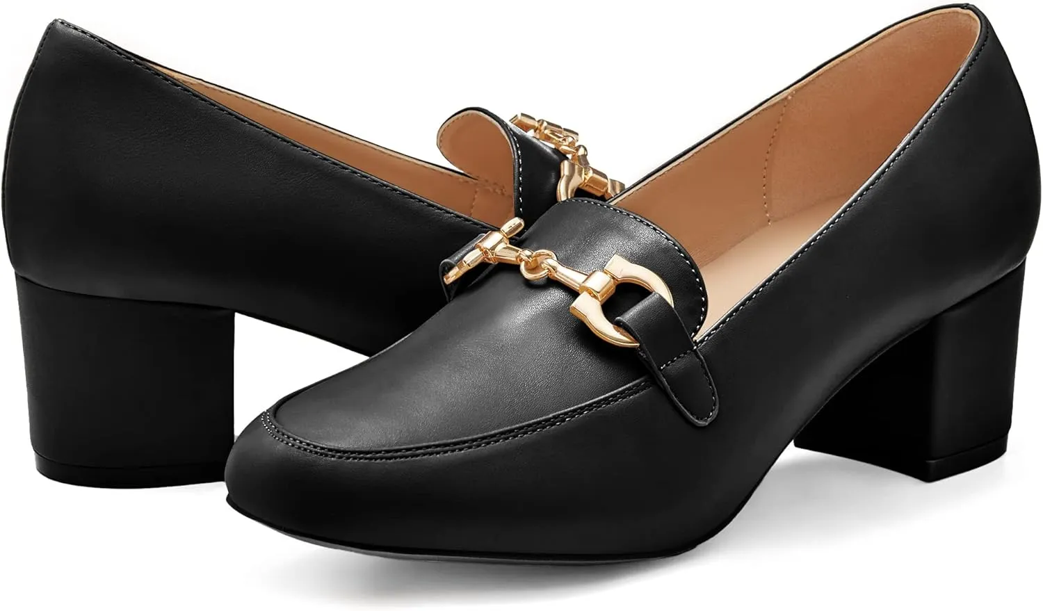 Women's Low Block Heel Pumps Slip On Chain Chunky Heel Closed Square Toe Comfortable Patent Leather Loafers Casual Dressy Business Office Work Shoes