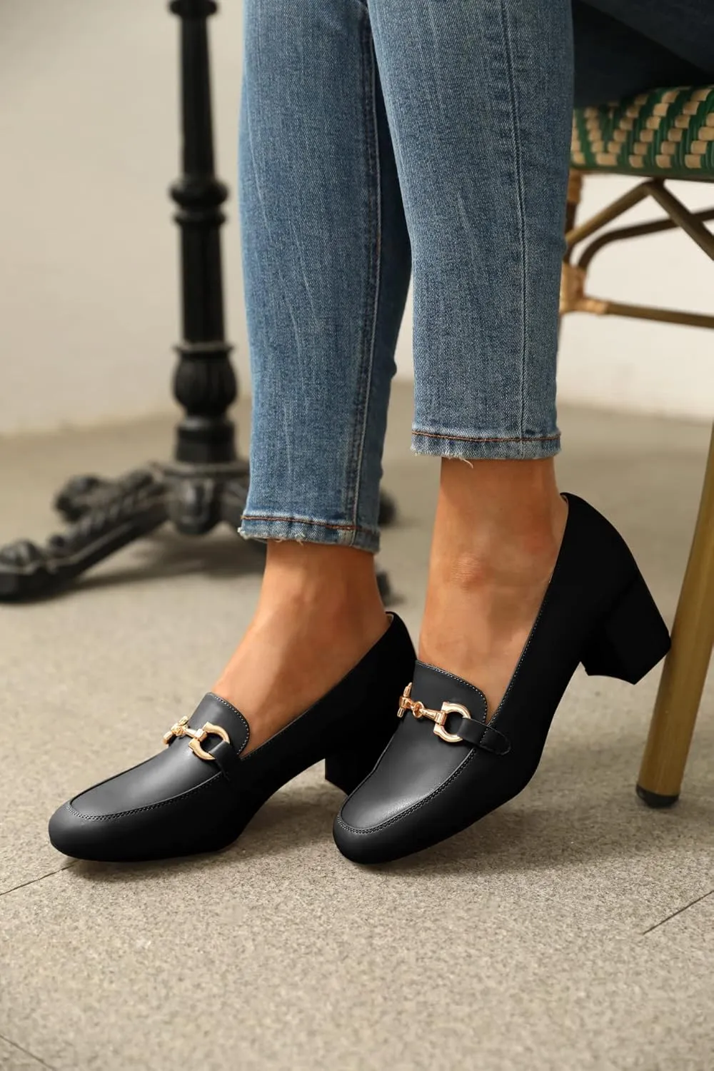 Women's Low Block Heel Pumps Slip On Chain Chunky Heel Closed Square Toe Comfortable Patent Leather Loafers Casual Dressy Business Office Work Shoes