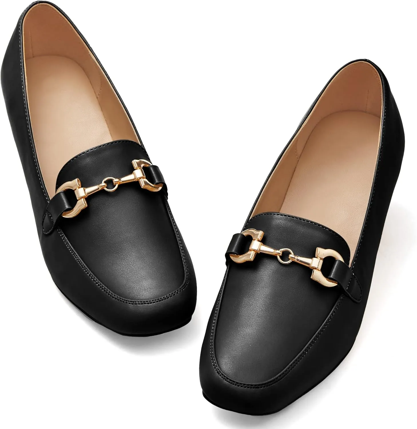 Women's Low Block Heel Pumps Slip On Chain Chunky Heel Closed Square Toe Comfortable Patent Leather Loafers Casual Dressy Business Office Work Shoes