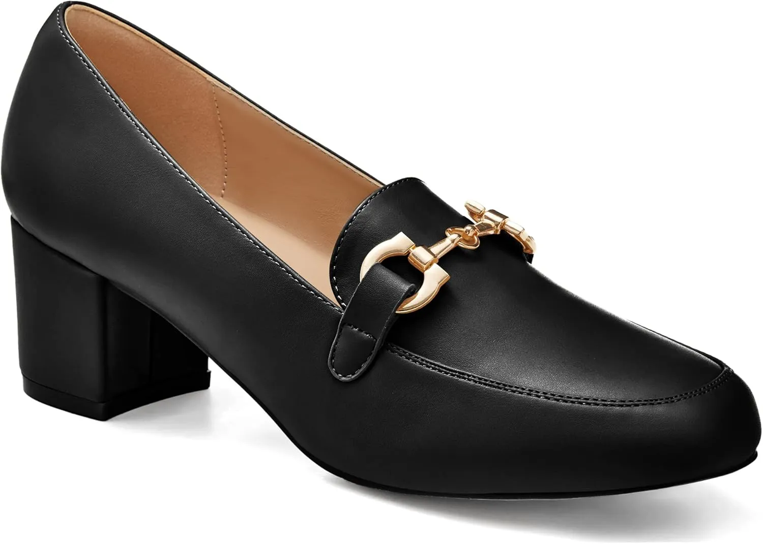 Women's Low Block Heel Pumps Slip On Chain Chunky Heel Closed Square Toe Comfortable Patent Leather Loafers Casual Dressy Business Office Work Shoes