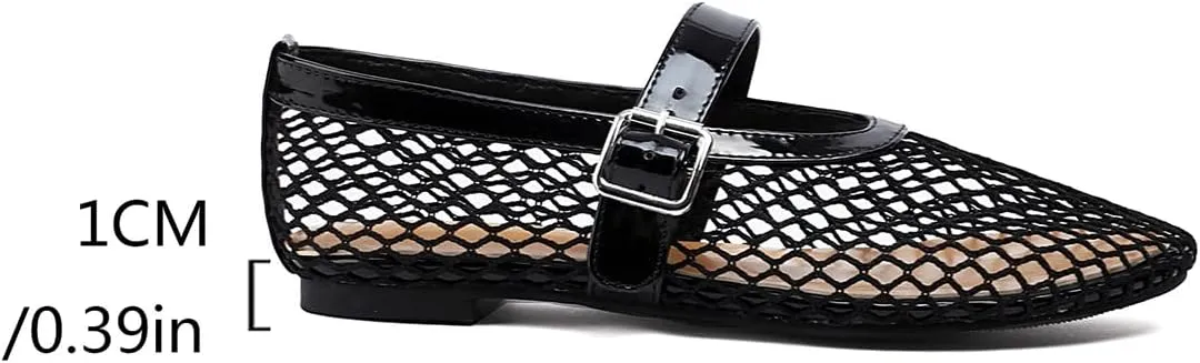 Women's Mesh Ballet Flats Comfy Casual Office Flat Heel Fishnet Ballerina Shoes Round Toe Buckle Strap Mary Jane Flats
