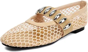 Women's Mesh Ballet Flats Comfy Casual Office Flat Heel Fishnet Ballerina Shoes Round Toe Buckle Strap Mary Jane Flats