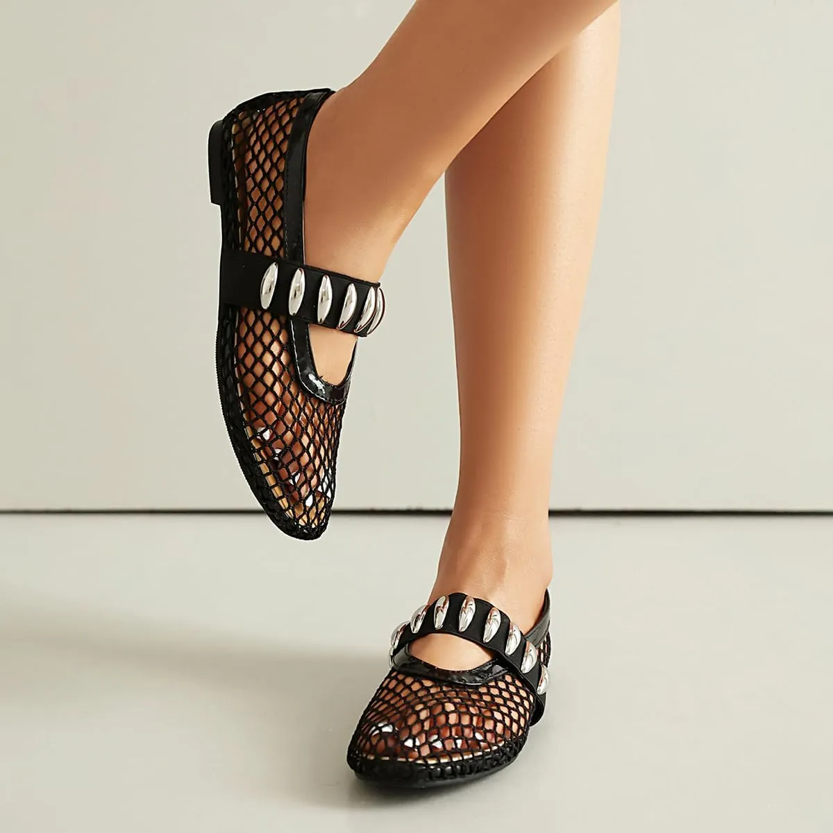 Women's Mesh Ballet Flats Comfy Casual Office Flat Heel Fishnet Ballerina Shoes Round Toe Buckle Strap Mary Jane Flats