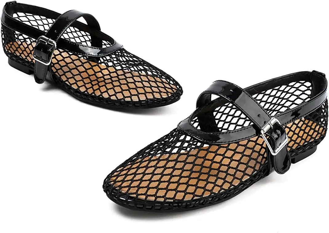 Women's Mesh Ballet Flats Comfy Casual Office Flat Heel Fishnet Ballerina Shoes Round Toe Buckle Strap Mary Jane Flats