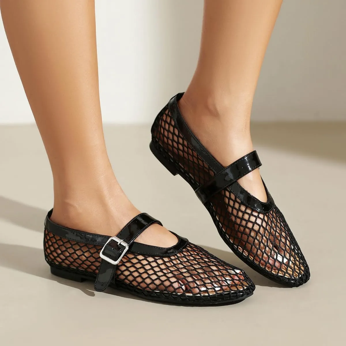 Women's Mesh Ballet Flats Comfy Casual Office Flat Heel Fishnet Ballerina Shoes Round Toe Buckle Strap Mary Jane Flats