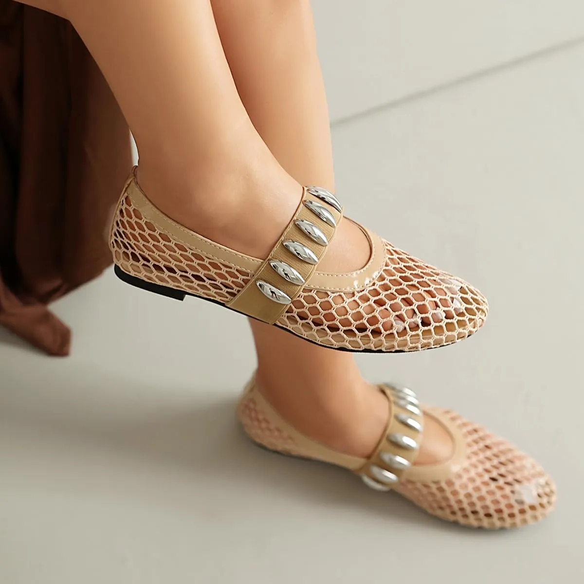 Women's Mesh Ballet Flats Comfy Casual Office Flat Heel Fishnet Ballerina Shoes Round Toe Buckle Strap Mary Jane Flats