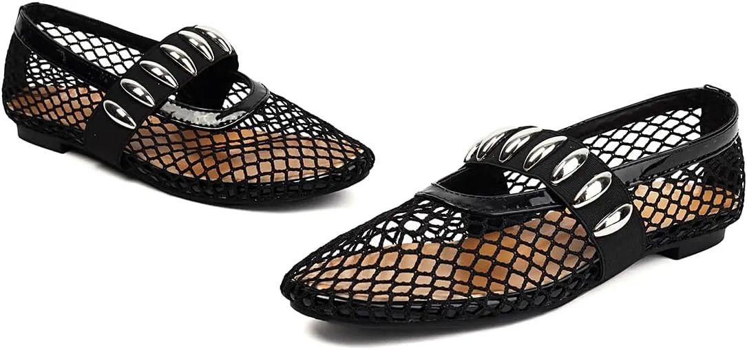 Women's Mesh Ballet Flats Comfy Casual Office Flat Heel Fishnet Ballerina Shoes Round Toe Buckle Strap Mary Jane Flats