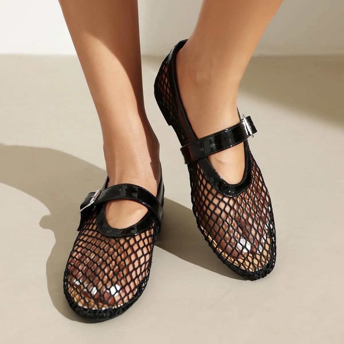 Women's Mesh Ballet Flats Comfy Casual Office Flat Heel Fishnet Ballerina Shoes Round Toe Buckle Strap Mary Jane Flats