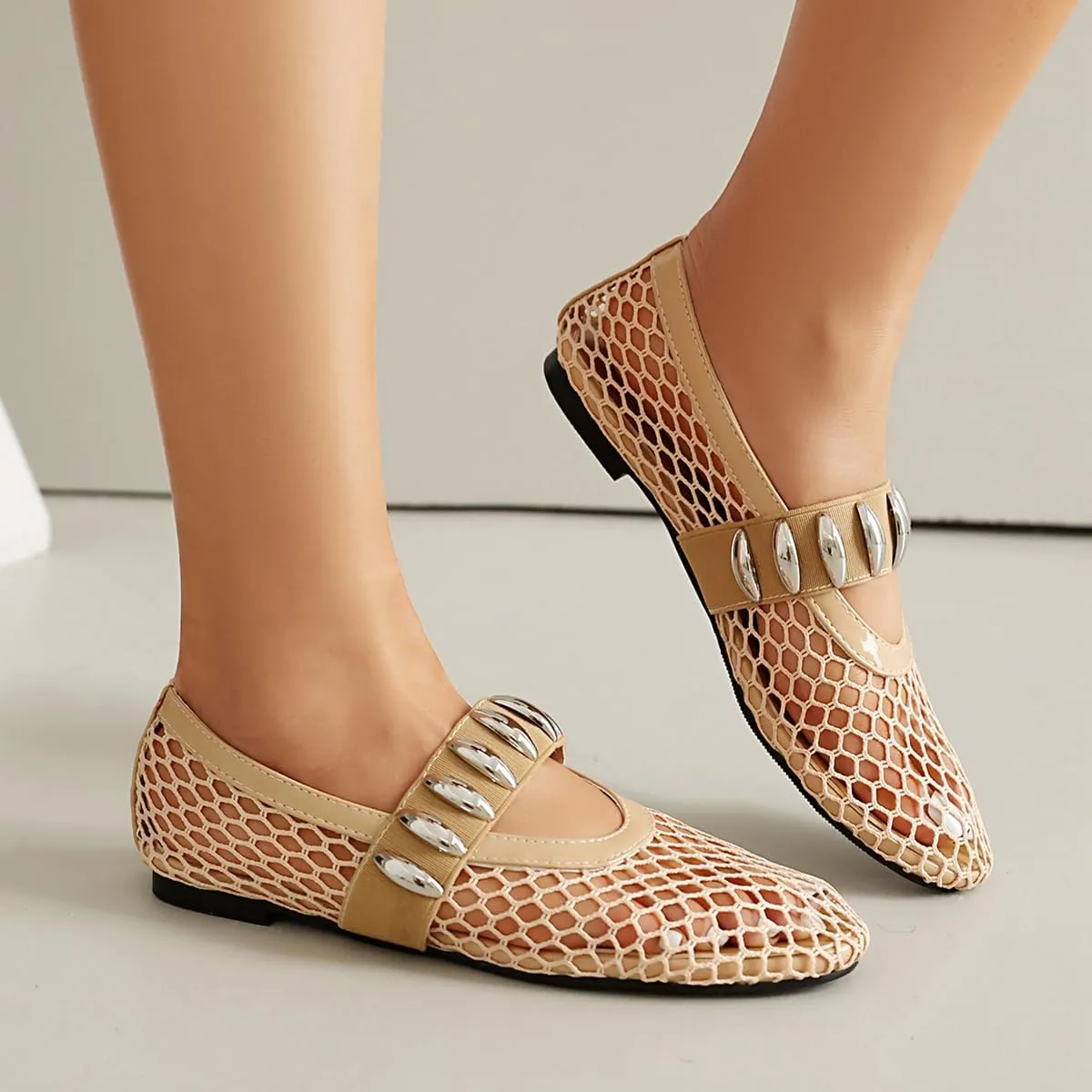 Women's Mesh Ballet Flats Comfy Casual Office Flat Heel Fishnet Ballerina Shoes Round Toe Buckle Strap Mary Jane Flats