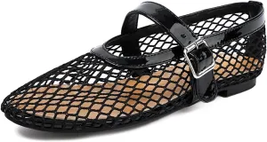 Women's Mesh Ballet Flats Comfy Casual Office Flat Heel Fishnet Ballerina Shoes Round Toe Buckle Strap Mary Jane Flats
