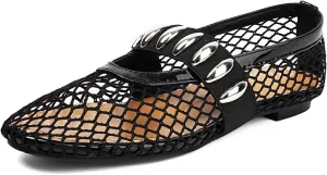 Women's Mesh Ballet Flats Comfy Casual Office Flat Heel Fishnet Ballerina Shoes Round Toe Buckle Strap Mary Jane Flats