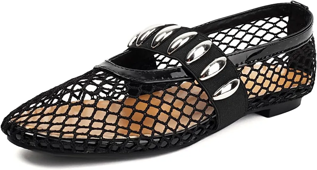 Women's Mesh Ballet Flats Comfy Casual Office Flat Heel Fishnet Ballerina Shoes Round Toe Buckle Strap Mary Jane Flats