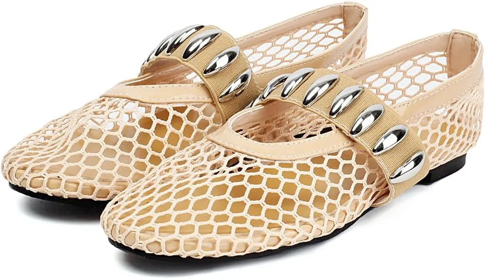 Women's Mesh Ballet Flats Comfy Casual Office Flat Heel Fishnet Ballerina Shoes Round Toe Buckle Strap Mary Jane Flats