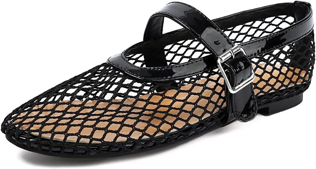 Women's Mesh Ballet Flats Comfy Casual Office Flat Heel Fishnet Ballerina Shoes Round Toe Buckle Strap Mary Jane Flats