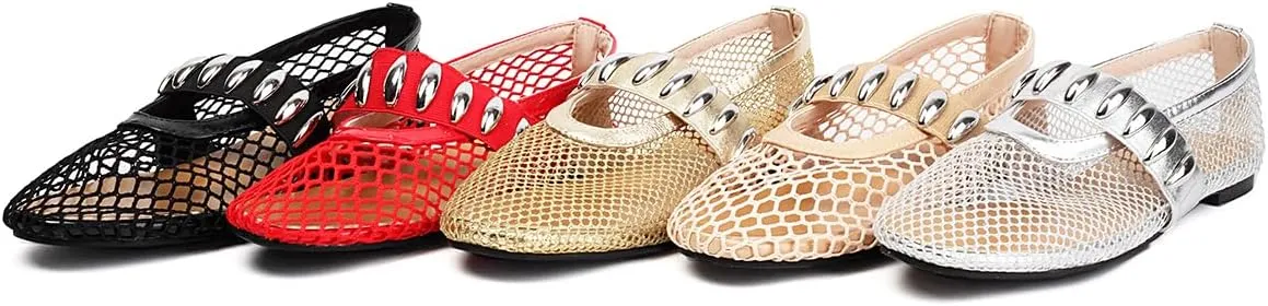 Women's Mesh Ballet Flats Comfy Casual Office Flat Heel Fishnet Ballerina Shoes Round Toe Buckle Strap Mary Jane Flats