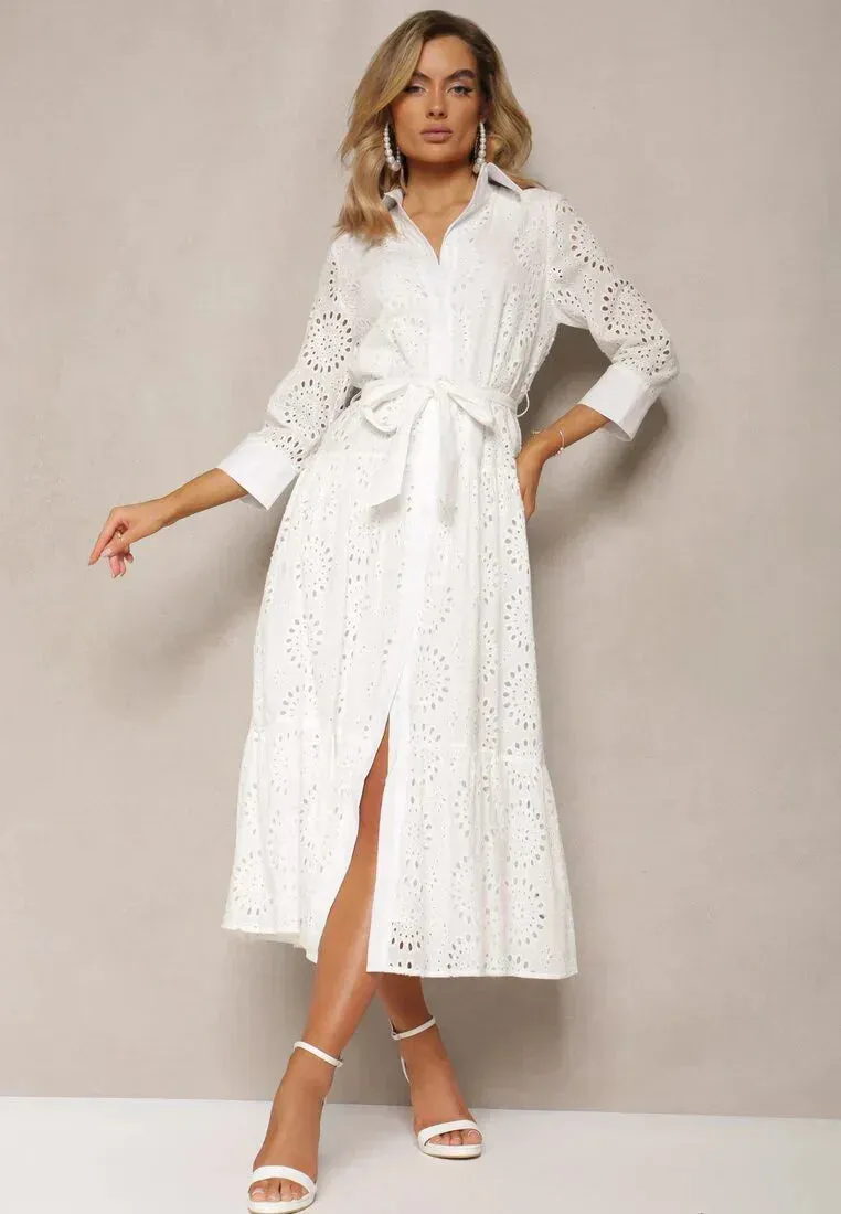 Women’s Midi Dress – Broderie Anglaise – Relaxed Fit – Belted Waist – Button Front – Collared