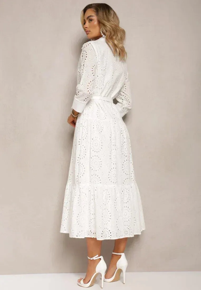 Women’s Midi Dress – Broderie Anglaise – Relaxed Fit – Belted Waist – Button Front – Collared